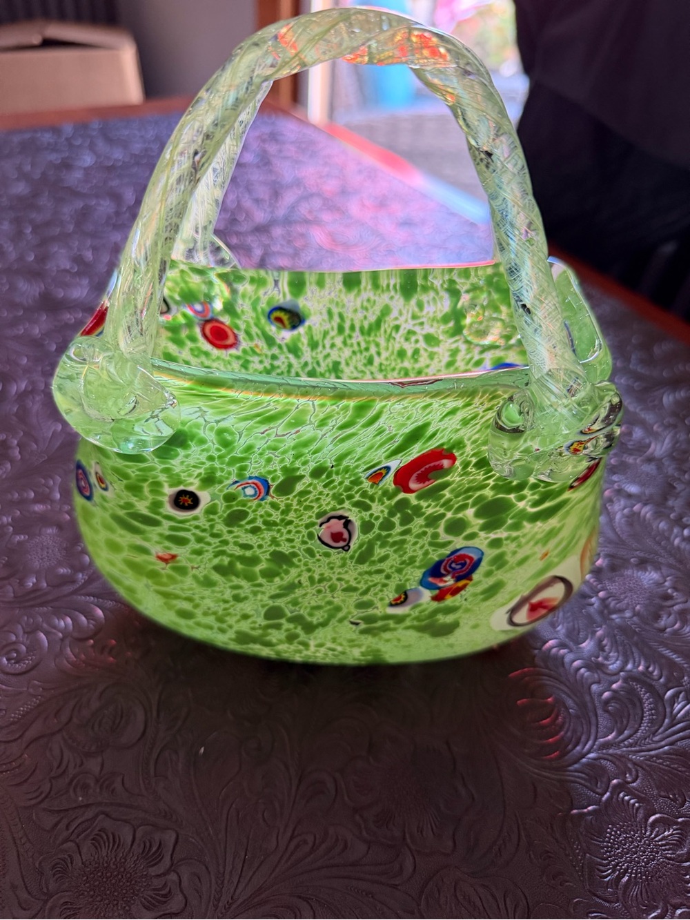 Murano style Green Millefiori Style Glass Handbag Accent